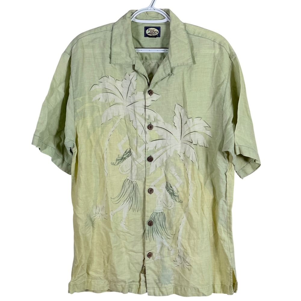 Vtg Tommy Bahama 100% Linen Hawaiian Shirt Button Up Mens S Green Hula Palm Tree